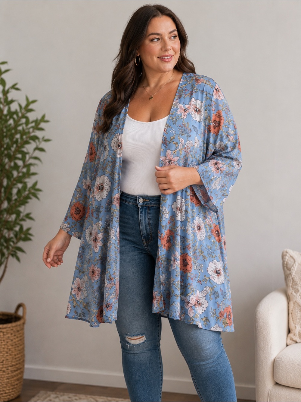 Torrid Blue Floral Open Front Duster Cardigan Plus Size 1/2 Lightweight Kimono